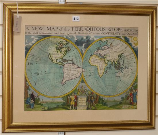 An early 18th century coloured engraving New Map of The Terraqueous Globe, 36 x 50cm